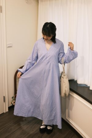 （預購）海天一線！澎袖條紋傘擺洋裝 S/M/L