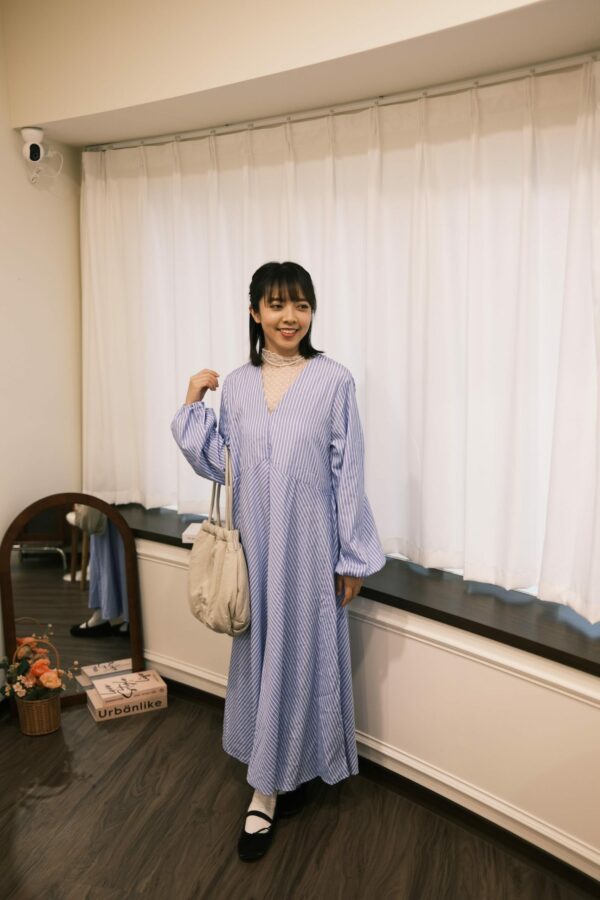 （預購）海天一線！澎袖條紋傘擺洋裝 S/M/L