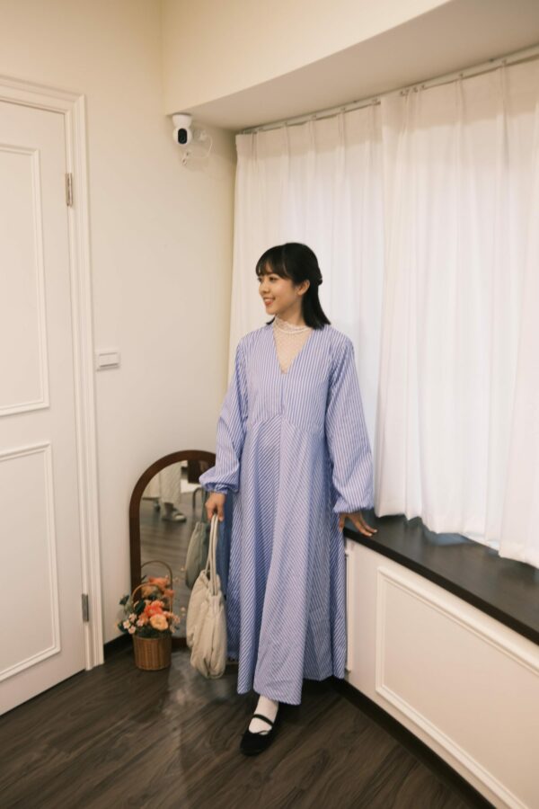 （預購）海天一線！澎袖條紋傘擺洋裝 S/M/L