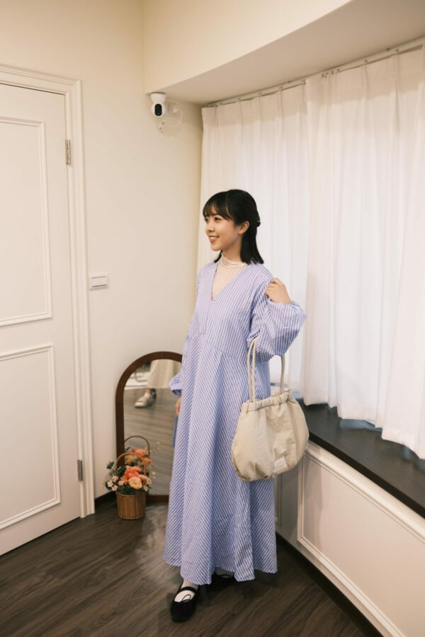（預購）海天一線！澎袖條紋傘擺洋裝 S/M/L