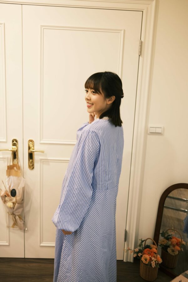 （預購）海天一線！澎袖條紋傘擺洋裝 S/M/L