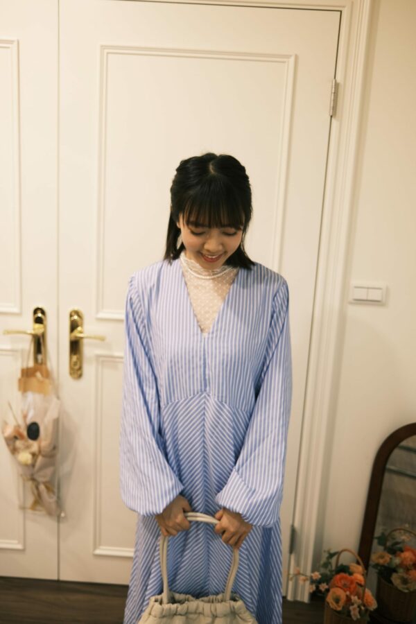 （預購）海天一線！澎袖條紋傘擺洋裝 S/M/L