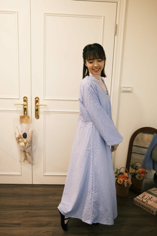 （預購）海天一線！澎袖條紋傘擺洋裝 S/M/L