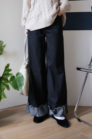 莊園旅人！反摺高腰牛仔寬褲 S/M/L