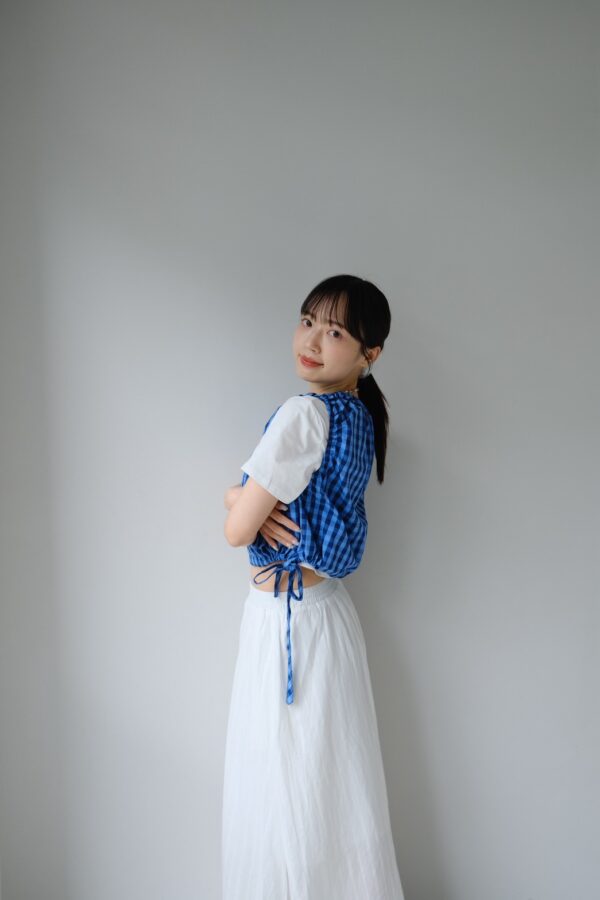 nomo ꕤ  方格日記！側綁帶澎澎背心 藍格子