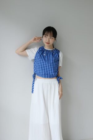 nomo ꕤ  方格日記！側綁帶澎澎背心 藍格子