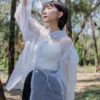 nomo ꕤ 柔和微光！澎澎袖透膚立領襯衫 藍