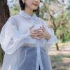 nomo ꕤ 柔和微光！澎澎袖透膚立領襯衫 藍