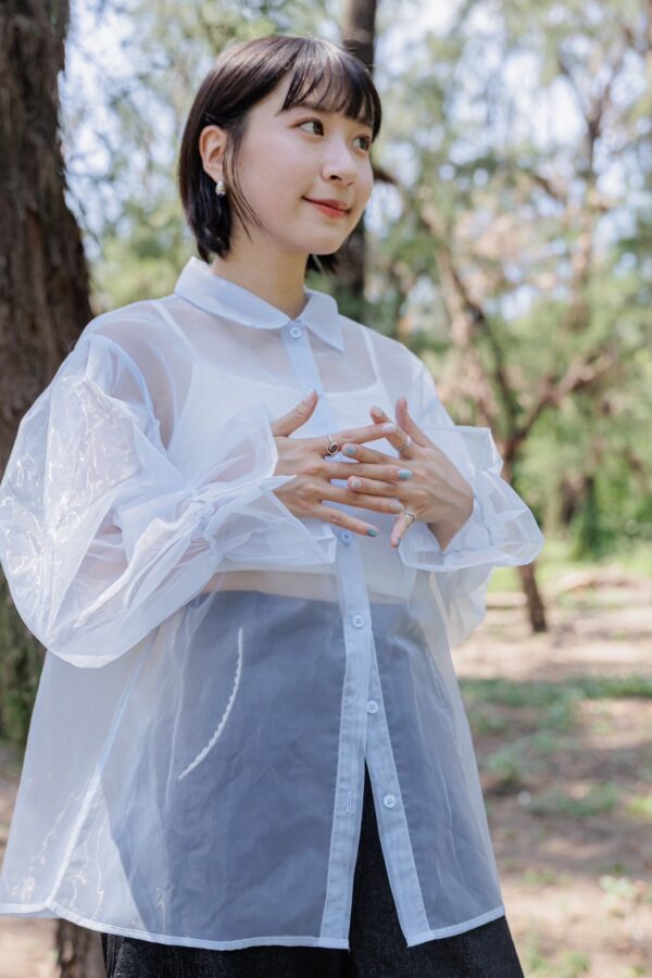 nomo ꕤ 柔和微光！澎澎袖透膚立領襯衫 藍