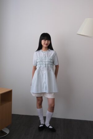 nomo ꕤ 晴空萬里！立體縐褶中山領襯衫 綠條紋