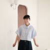 nomo ꕤ 澎然心動！澎袖綁帶短袖襯衫 白條紋