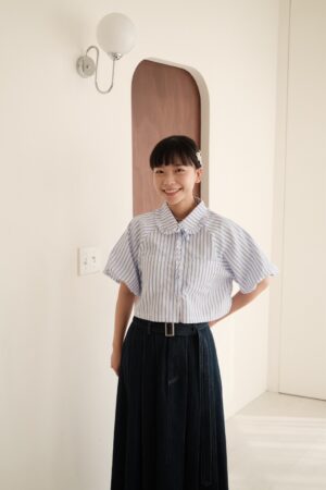 nomo ꕤ 澎然心動！澎袖綁帶短袖襯衫 白條紋