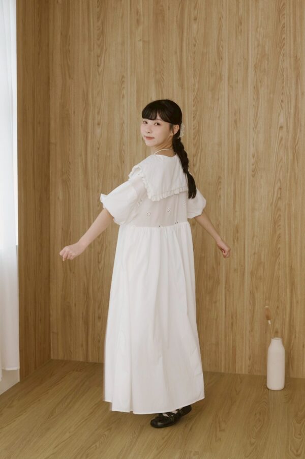 nomo ꕤ 雲上慢讀！大領片澎袖洋裝 白