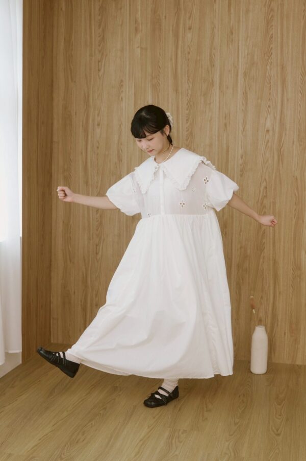 nomo ꕤ 雲上慢讀！大領片澎袖洋裝 白
