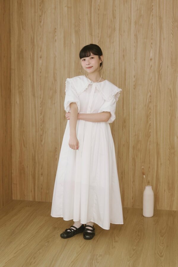 nomo ꕤ 雲上慢讀！大領片澎袖洋裝 白