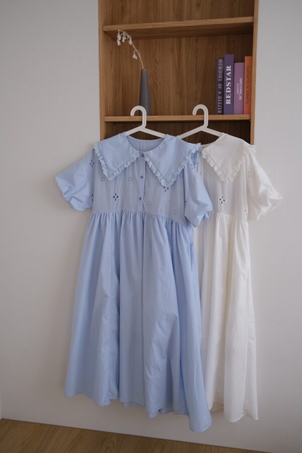 nomo ꕤ 雲上慢讀！大領片澎袖洋裝 藍