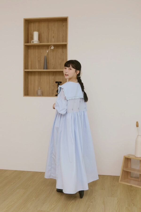 nomo ꕤ 雲上慢讀！大領片澎袖洋裝 藍
