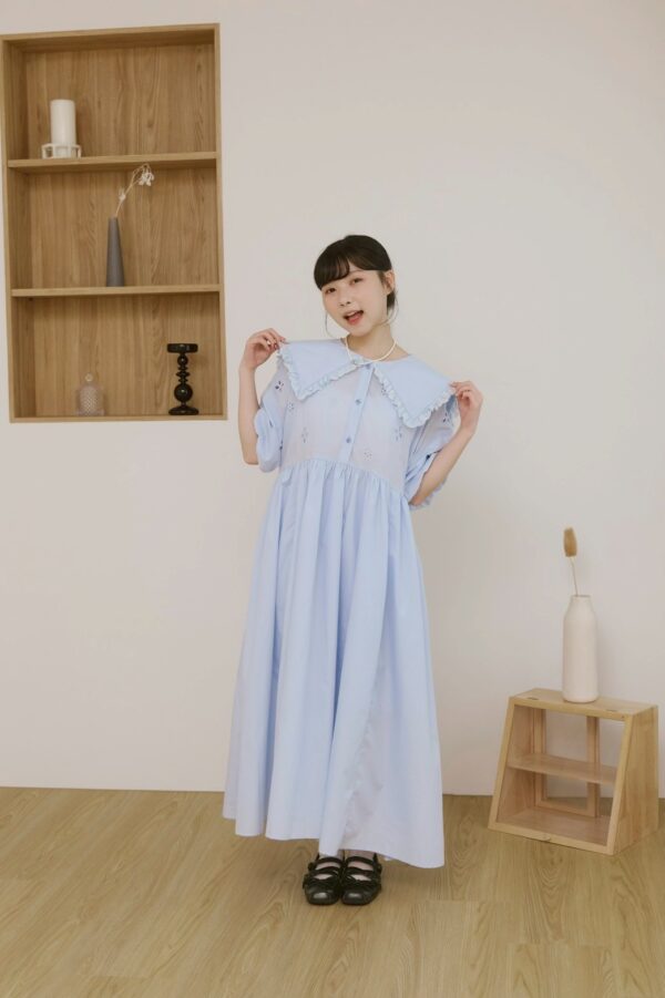 nomo ꕤ 雲上慢讀！大領片澎袖洋裝 藍