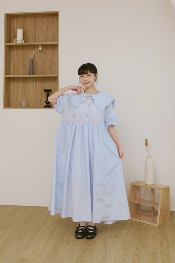 nomo ꕤ 雲上慢讀！大領片澎袖洋裝 藍
