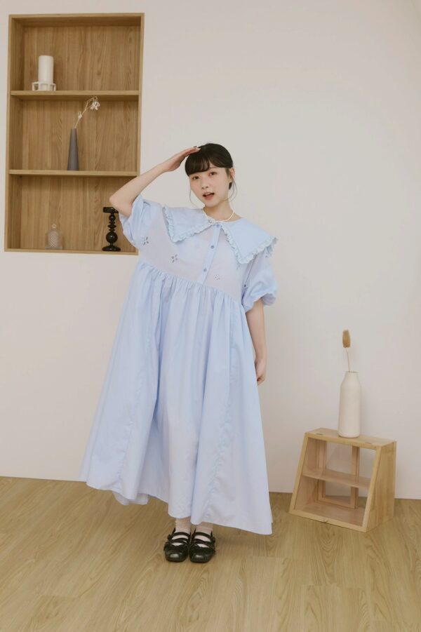 nomo ꕤ 雲上慢讀！大領片澎袖洋裝 藍