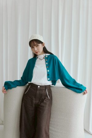 nomo ꕤ 柔軟纏繞！針織澎袖短版外套 藍綠