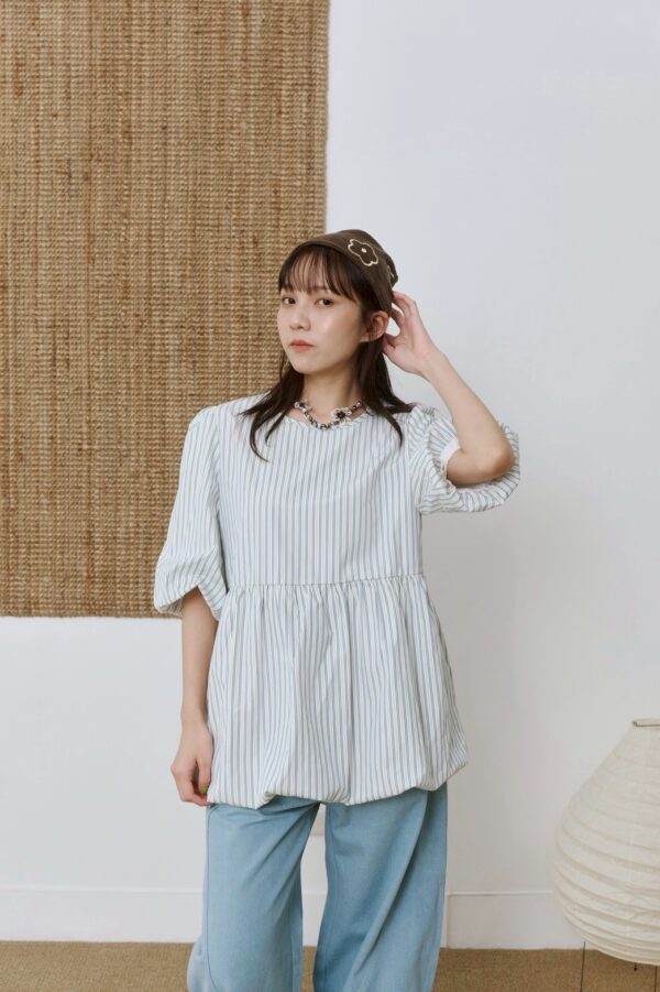 nomo ꕤ 氣泡時光！下擺澎澎設計五分袖上衣 條紋
