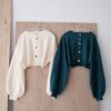 nomo ꕤ 柔軟纏繞！針織澎袖短版外套 藍綠