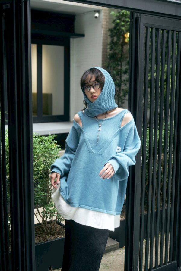 nomo ꕤ 秘密花園！假兩件針織挖肩logo毛衣 藍