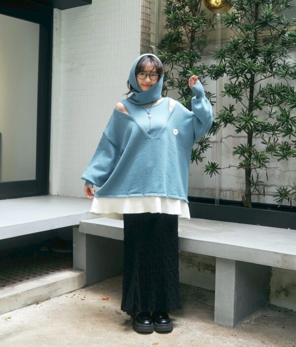 nomo ꕤ 秘密花園！假兩件針織挖肩logo毛衣 藍