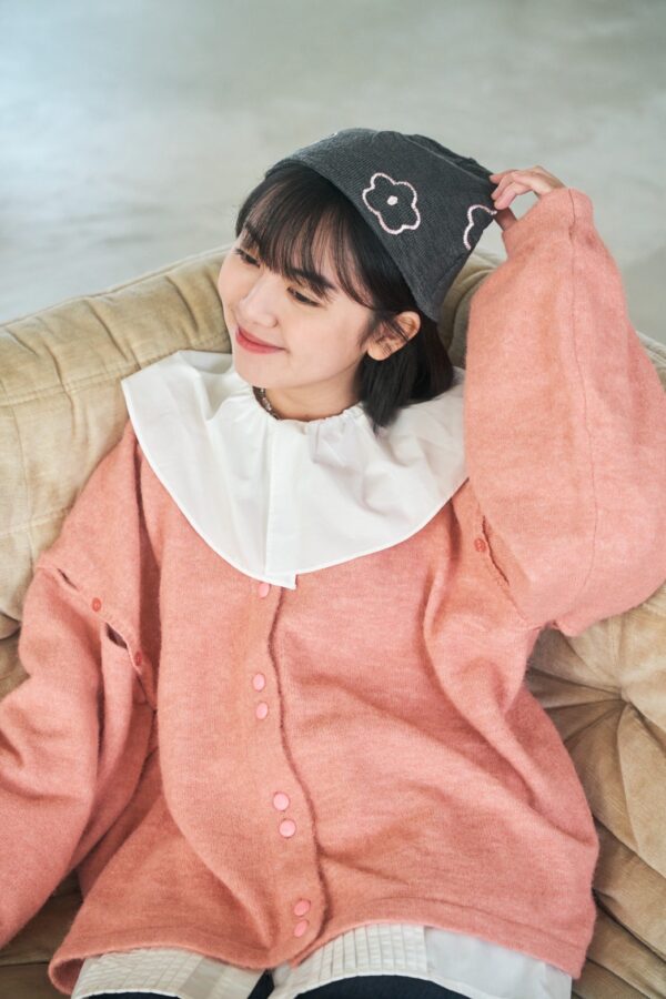 nomo ꕤ 冬日花開！彈性針織花花毛帽 灰色