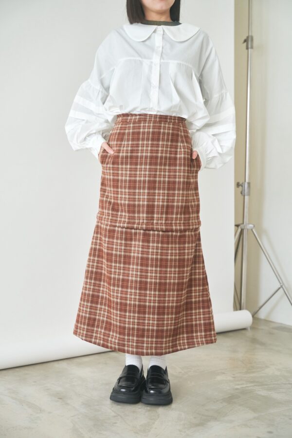 nomo ꕤ 毛呢格調！2way可拆式格紋長裙/短裙 橘棕
