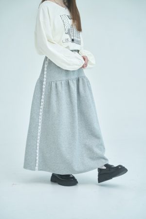 nomo ꕤ 雲柔漫步！蕾絲棉質鬆緊長裙（S/M/L）灰