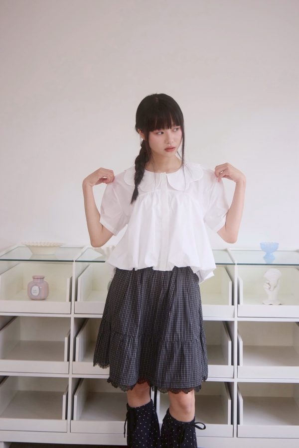 nomo ꕤ 蓬鬆漫遊！花瓣領片澎澎氣球襯衫 白