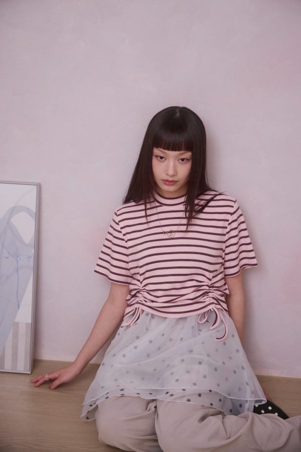nomo ꕤ 雲朵漫遊！抽繩條紋短袖上衣（S/M/L）粉