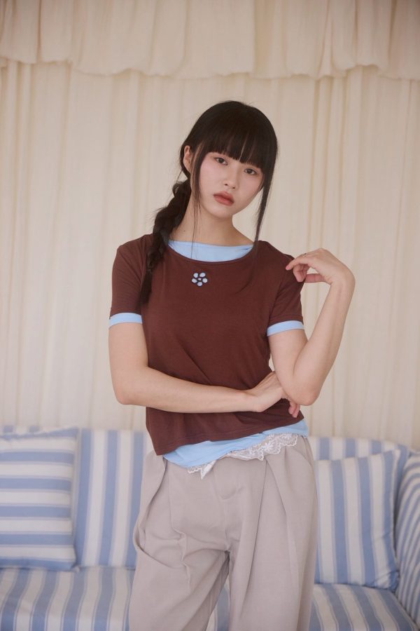 nomo ꕤ 花影輕舞！撞色假兩件短袖上衣（S/M/L）藍咖