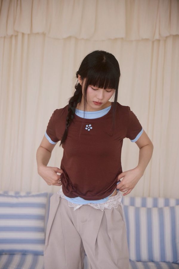 nomo ꕤ 花影輕舞！撞色假兩件短袖上衣（S/M/L）藍咖