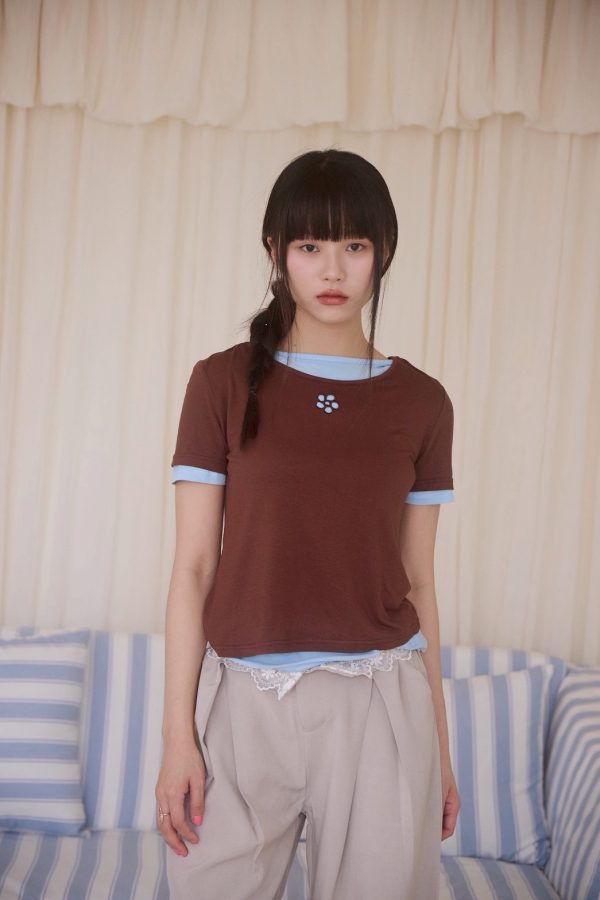 nomo ꕤ 花影輕舞！撞色假兩件短袖上衣（S/M/L）藍咖