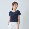 nomo ꕤ 花園迷航！領口設計小花刺繡簍空上衣（S/M/L）深藍