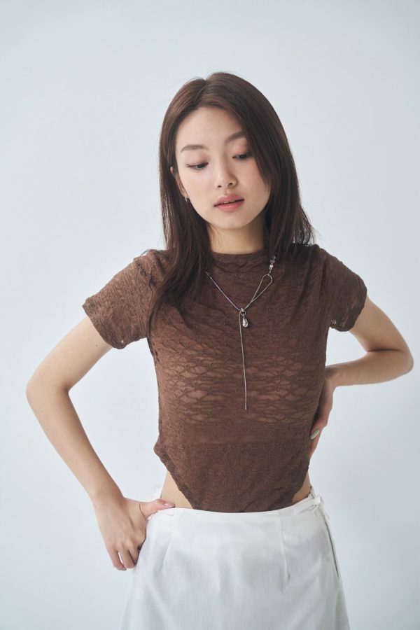nomo ꕤ 玻璃晴天！2way蕾絲露腰短袖上衣（S/M/L）咖