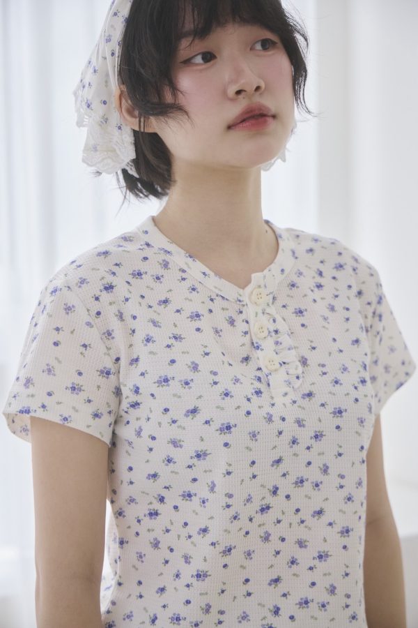 nomo 碎花系列 ꕤ 慵懶花期！碎花華夫格紋短袖上衣（S/M/L）白
