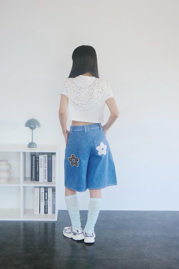 nomo ꕤ 花瓣收集！小花拼布設計牛仔車線短褲（S/M/L）