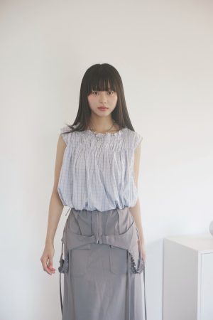 nomo ꕤ 雲層縫隙！抽繩設計格子造型無袖上衣 藍格子